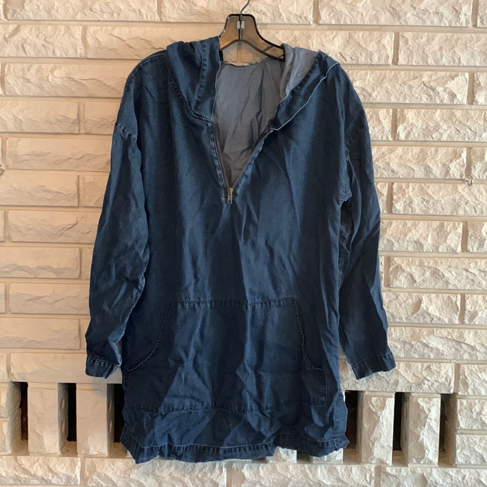 Soft Surroundings chambray hooded zip top.